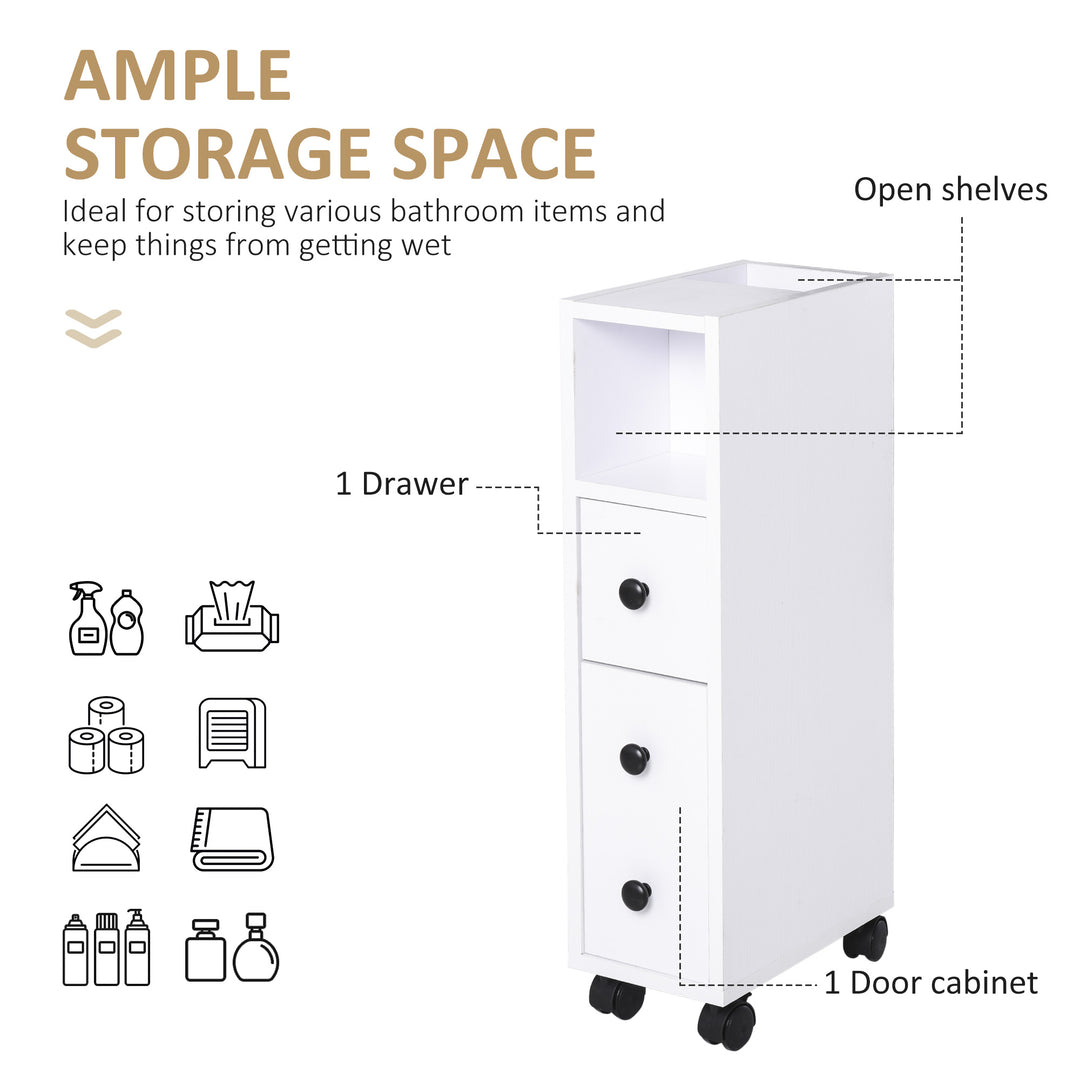 kleankin Slimline Bathroom Storage Unit w/ 2 Drawers 2 Open Compartments Wheels Handles Freestanding Compact Home Office Furniture White