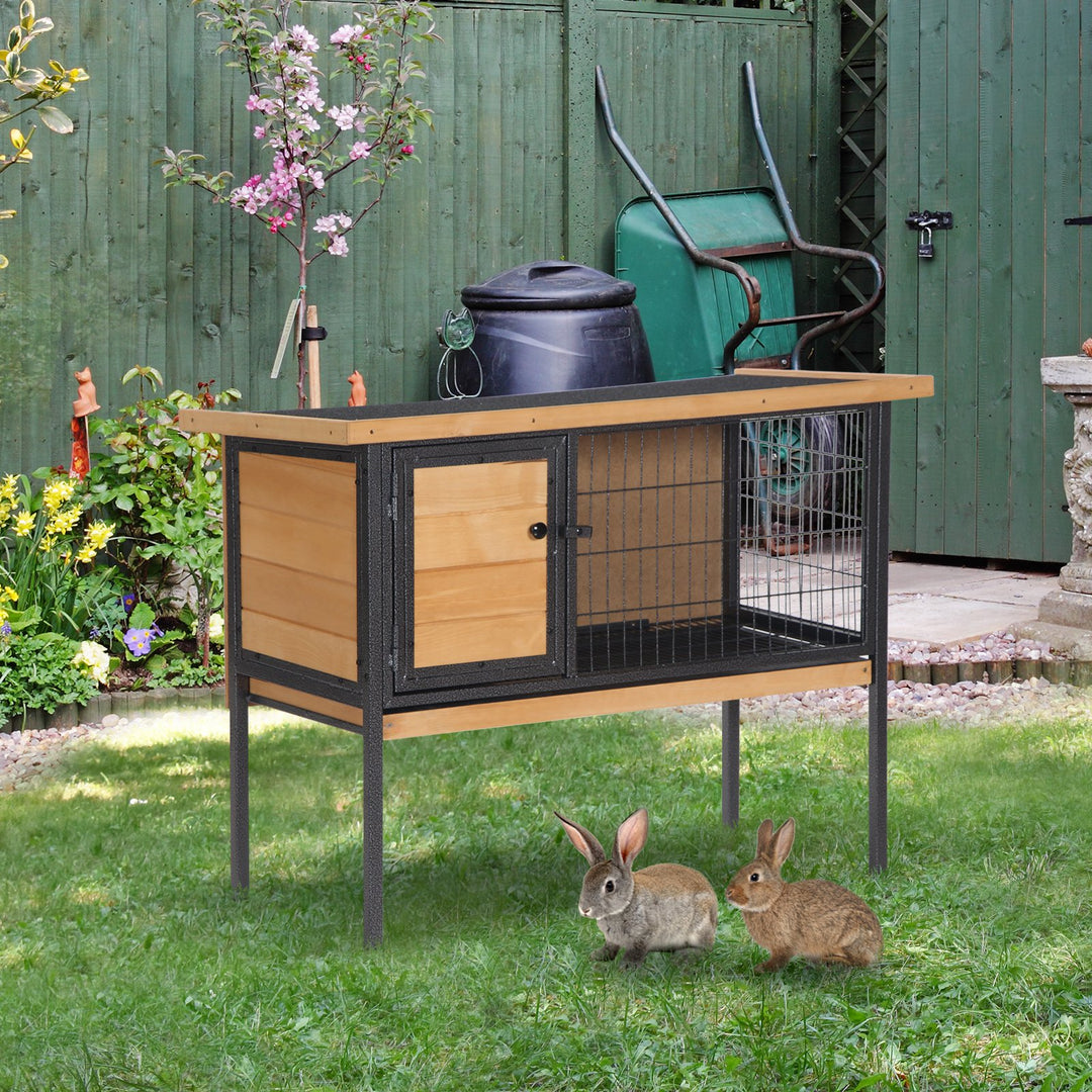 Wooden Guinea Pigs Hutches Elevated Pet House Bunny Cage with Slide-Out Tray Lockable Door Outdoor Openable Roof 91.5 x 45 x 70cm Natural Wood