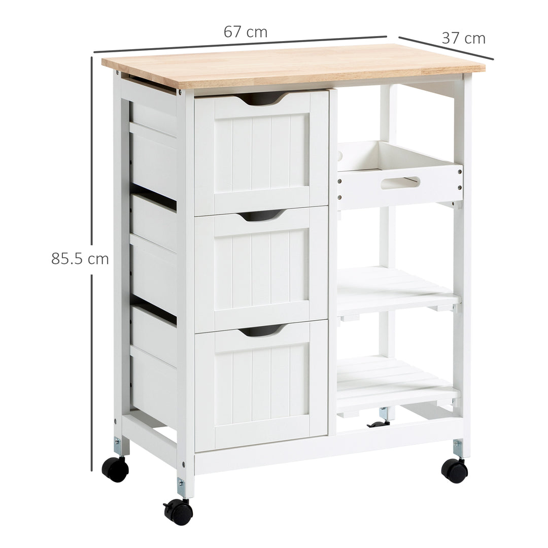 Rolling Kitchen Island Cart, Bar Serving Cart, Compact Trolley on Wheels with Wood Top, Shelves &amp; Drawers for Home Dining Area, White