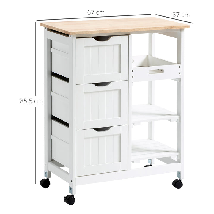 Rolling Kitchen Island Cart, Bar Serving Cart, Compact Trolley on Wheels with Wood Top, Shelves &amp; Drawers for Home Dining Area, White