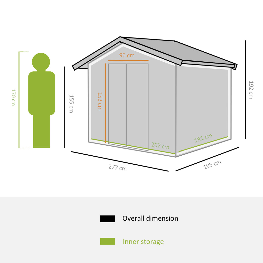 Outsunny 9 x 6FT Outdoor Garden Roofed Metal Storage Shed Tool Box with Foundation Ventilation & Doors, Dark Grey