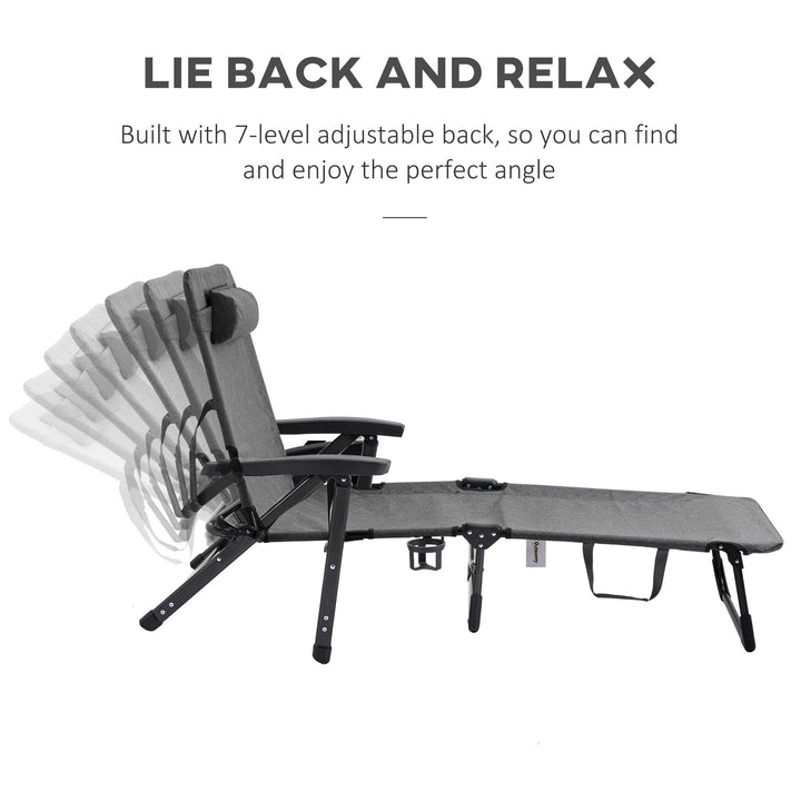 Outsunny Garden Lounger, Mesh Fabric Lounge Chair, 7-Reclining Position Sleeping Bed w/ Pillow &amp; Cup Holder or Poolside, 94H x 72W x 159D, Dark Grey