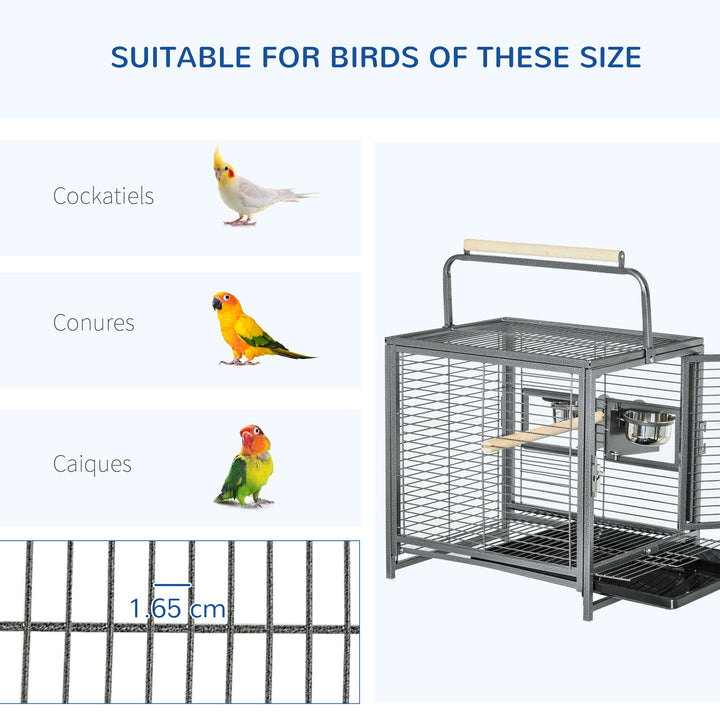 PawHut Metal Parrot Cage Bird Carrier Green Cheek Canary Parakeet Cockatiel Small Parrot Travel Breeding Cage Wooden Perch Black