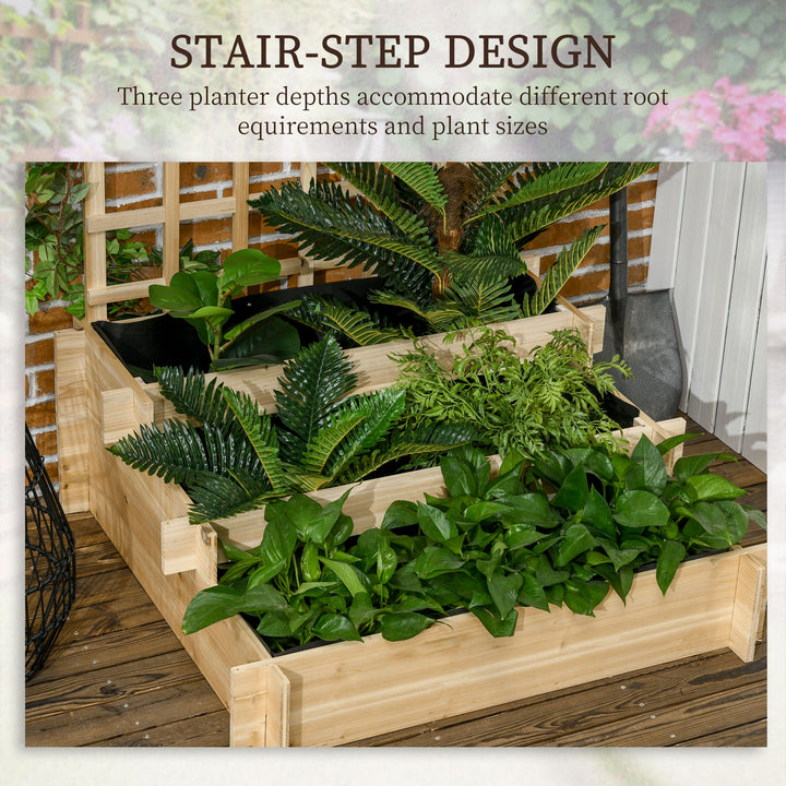 3 Tier Garden Planters with Trellis for Vine Climbing, Wooden Raised Beds, 95x95x110cm, Natural Tone