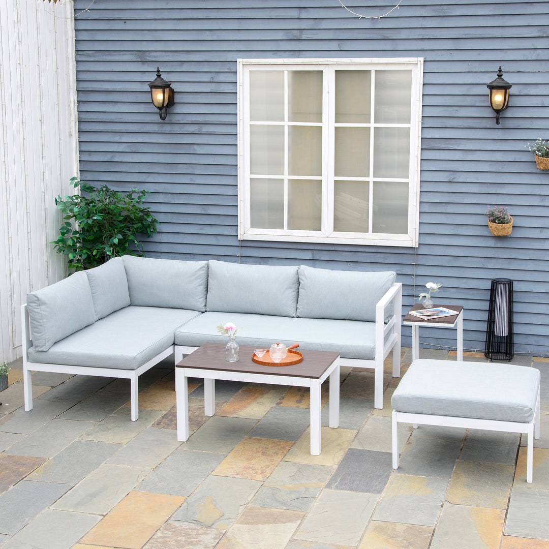 5-Piece L-shaped Garden Furniture Set, Aluminium Conversation Set, Corner Sofa Set with Coffee Table End Table Cushions, White Frame
