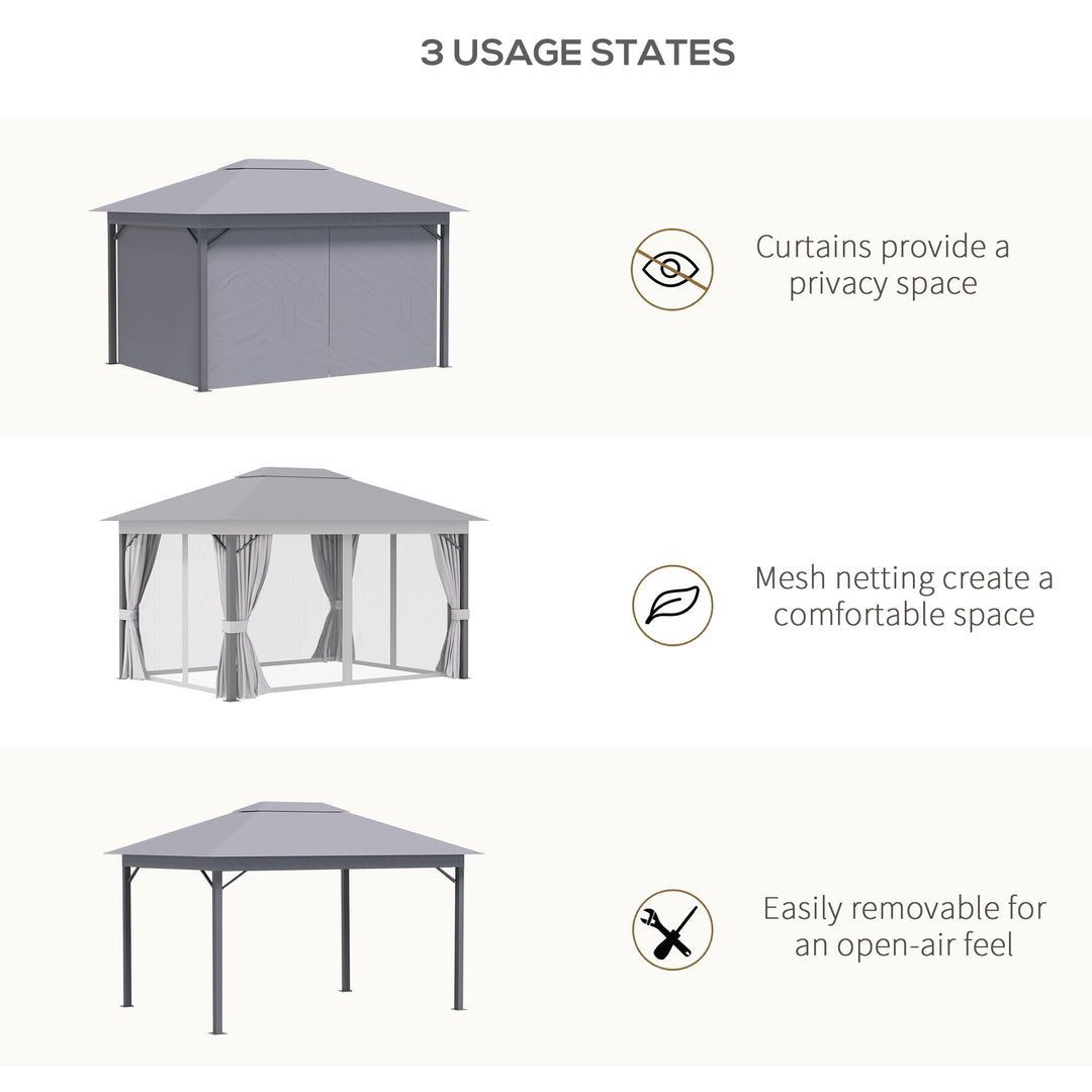 Outsunny 4 x 3(m) Patio Gazebo Canopy Garden Tent Shelter with Vented Roof, Mosquito Netting and Curtains, Aluminium Frame, Grey