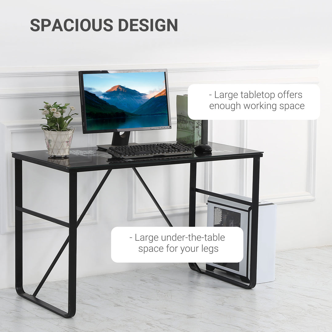 Glass Top Writing Desk with World Map Printing Working Station Home Office Table Gaming Desk Metal Frame Easy Assembly, Black
