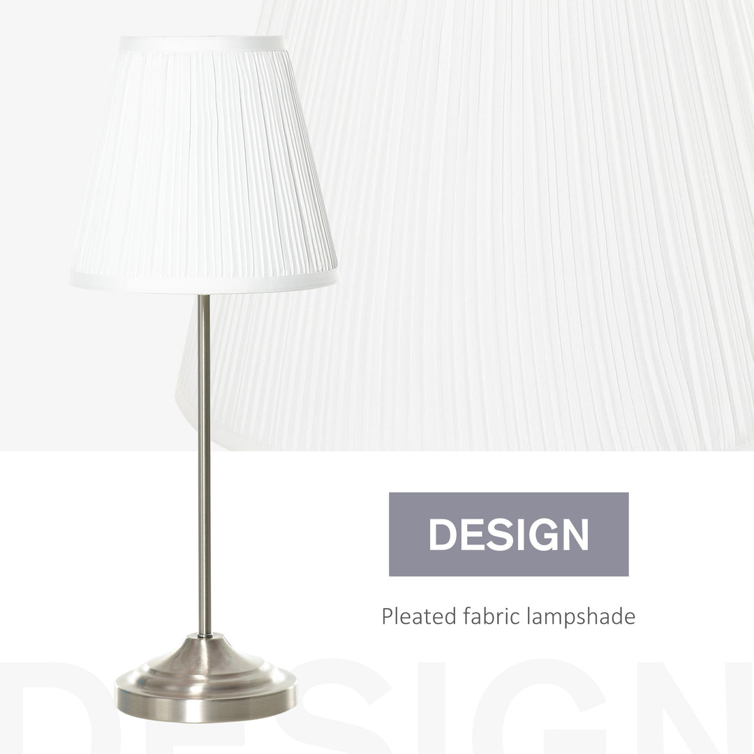 HOMCOM Modern Table Lamp with Pleated Fabric Lampshade and Metal Base, Home Lighting for Living Room, Bedroom, Office, White and Silver