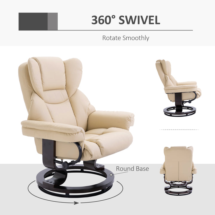 Reclining Swivel Armchair Footstool Set Sofa Padded PU Leather Relaxing Manual Duo Metal Frame Bentwood Base Cream