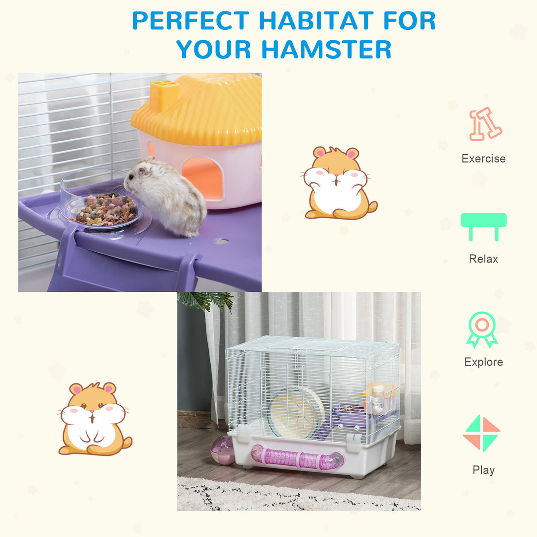 PawHut Hamster Cage, Gerbil Haven, Multi-storey Rodent House, Small Animal Habitats, Large Hide-out, w/ Water Bottle, White