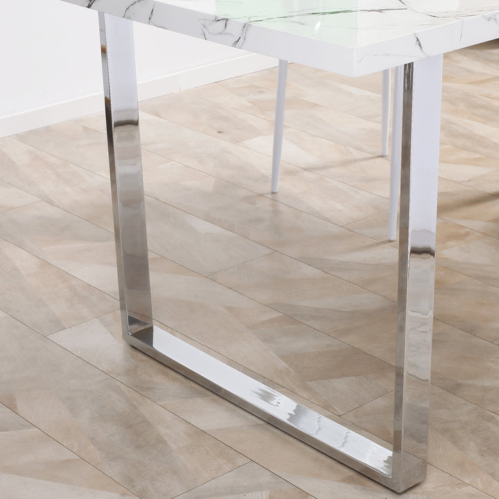 Modern Dining Room Table Rectangular Kitchen Table for 6-8 People with Marble Effect Tabletop Steel Legs 155 cm White