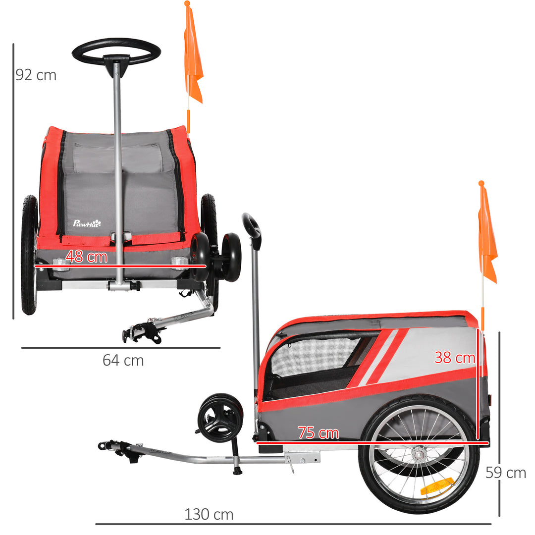 PawHut Dog Bike Trailer Two-In-One Trolley Stroller Cart Bicycle Carrier for Cat Puppy Travel w/ Reflectors Red Flag – Red