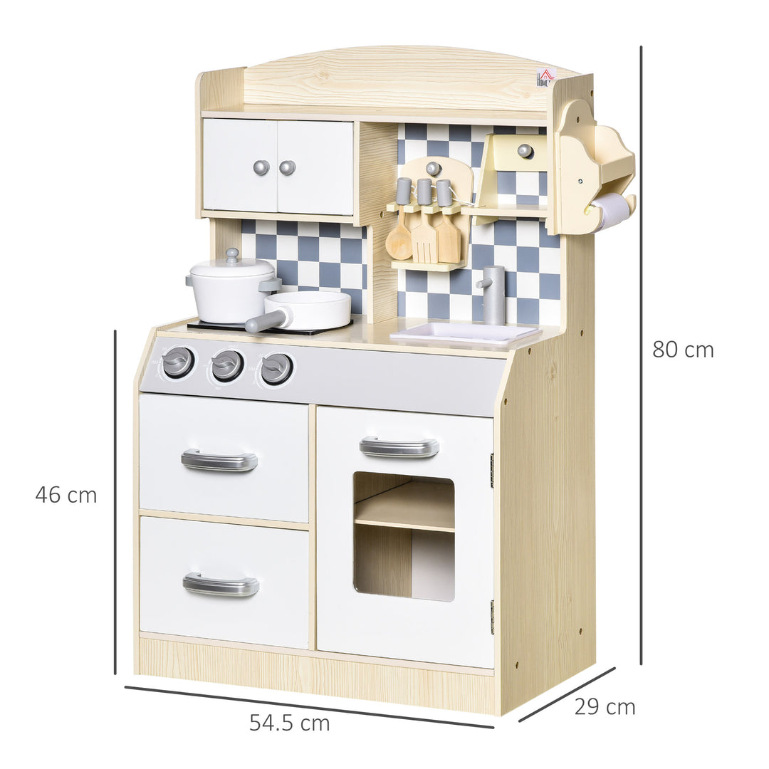 HOMCOM Kids Kitchen Play Cooking Toy Set, Educational Pretend Role Playset Game Multiple Storage, with Sink, Cooking Bench, Pots, Nature Wood