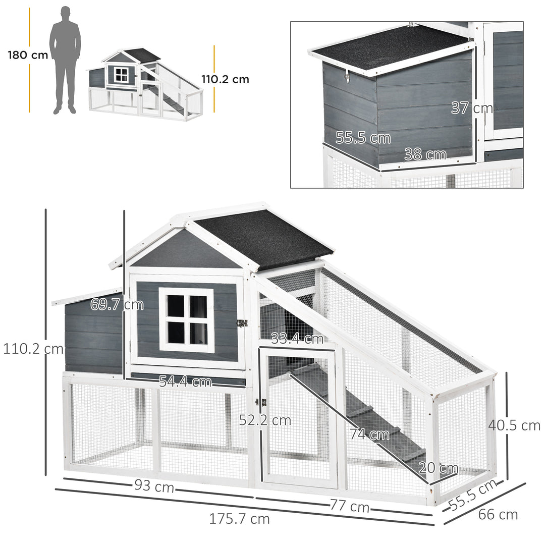 PawHut Chicken Coop, Hen House, Wooden Poultry Habitat with Outdoor Run, Nesting Box, Slide Out Tray, Lockable Doors, Ramp, 176 x 66 x 110cm, White