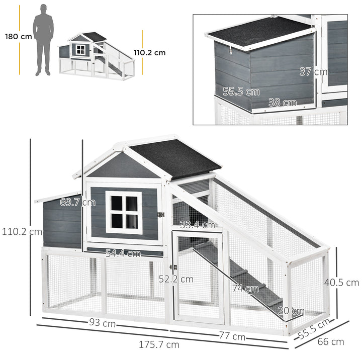 PawHut Chicken Coop, Hen House, Wooden Poultry Habitat with Outdoor Run, Nesting Box, Slide Out Tray, Lockable Doors, Ramp, 176 x 66 x 110cm, White