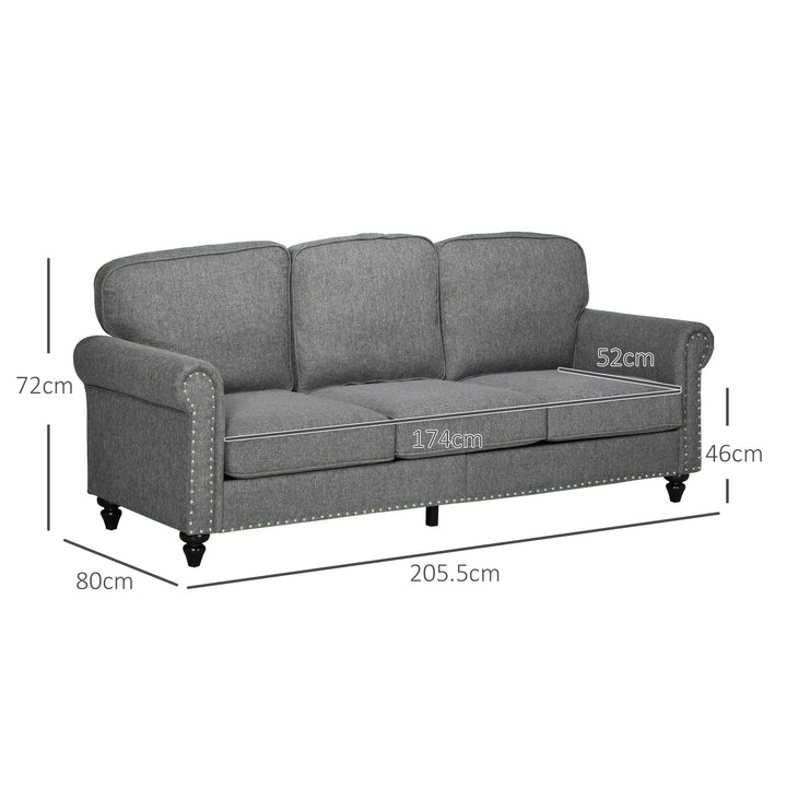 HOMCOM 3 Seater Sofas for Living Room, Fabric Couch with Nailhead Trim, Rolled Arms and Cushions, Grey