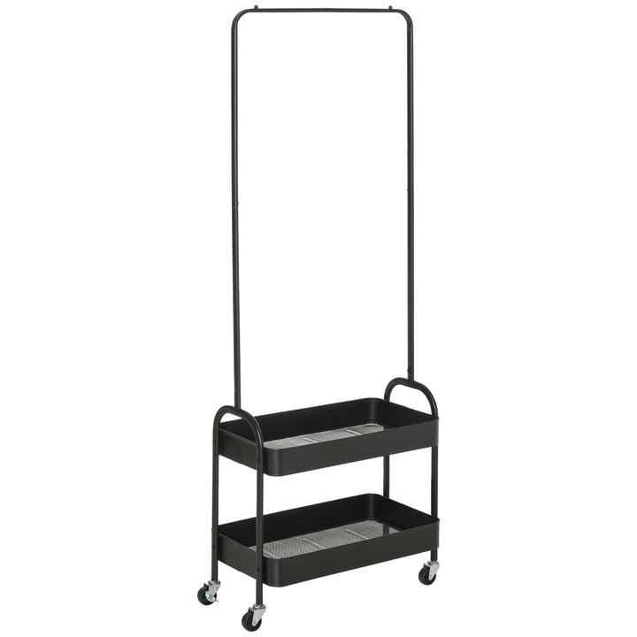 HOMCOM Metal Clothes Rack with Shoe Storage, Clothing Rail on Wheels, Freestanding Hall Tree, Coat Stand with 2 Storage Shelf, Black