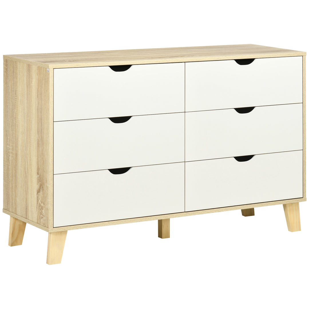 HOMCOM Wide Chest of Drawers, 6-Drawer Storage Organiser Unit with Wood Legs for Bedroom, Living Room, White and Light Brown