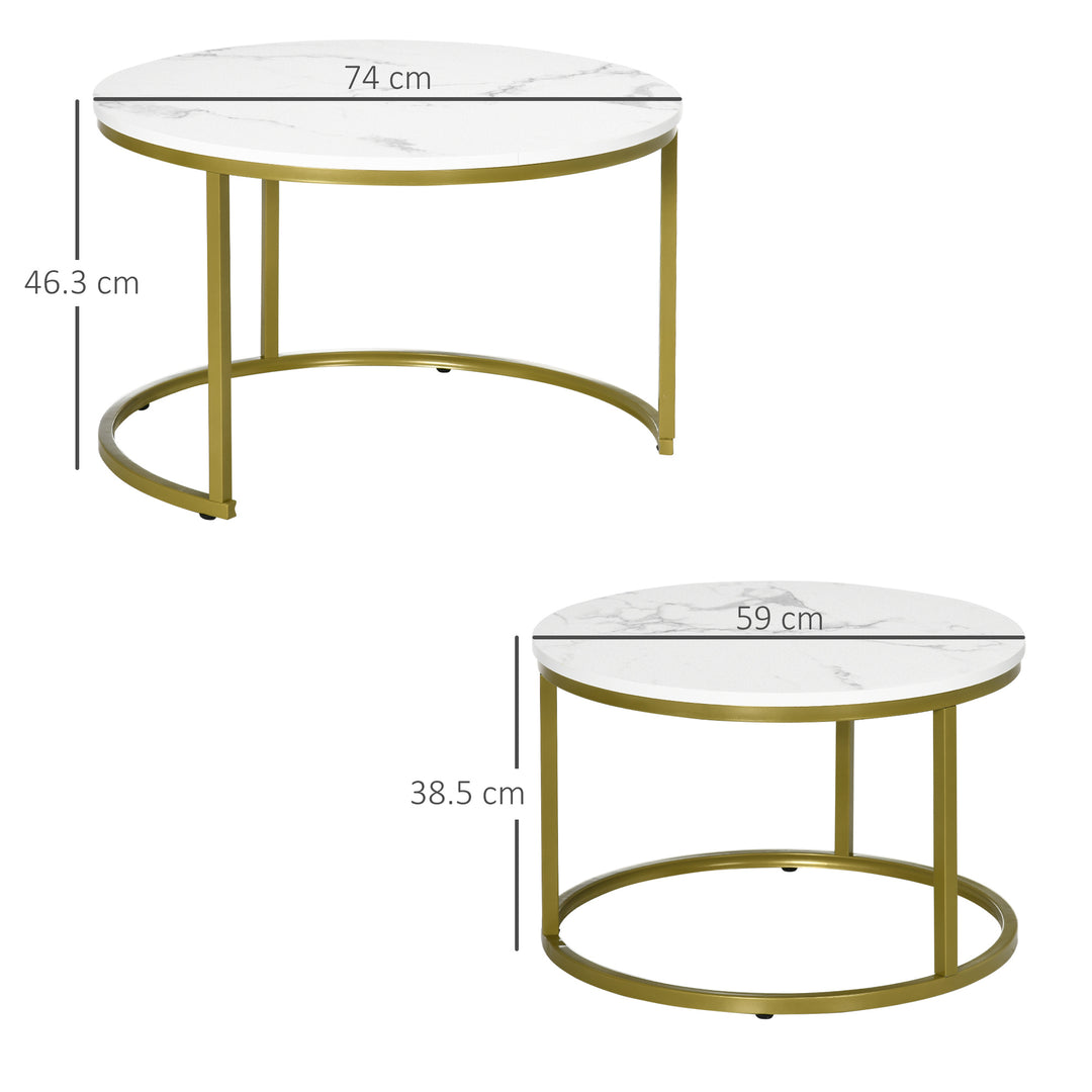 Coffee Table Set of 2, Round Nest of Tables with Faux Marble Tabletop and Metal Frame, Modern Side Tables for Living Room, White