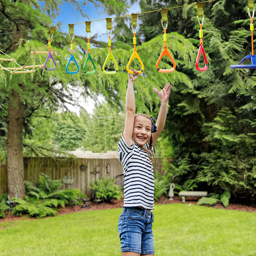 Kids Ninja Warrior Obstacle Course, 42.6 FT Children Slackline Training Equipment w/ Monkey Bars, Rope Ladder, Swing, Gym Rings, Carry Bag