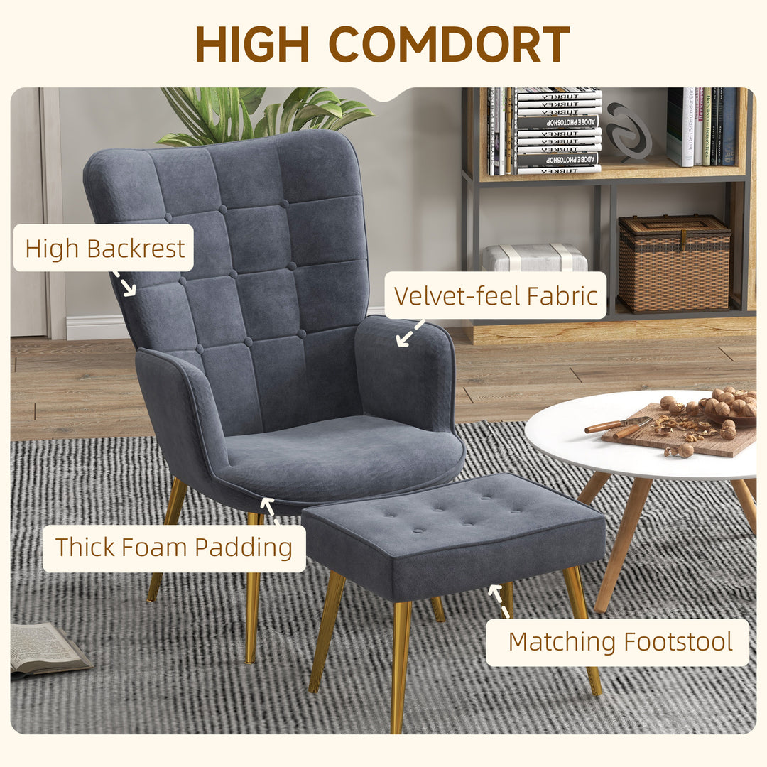 Upholstered Armchair with Footstool Set, Modern Button Tufted Accent Chair with Gold Tone Steel Legs, Wingback Chair for Living Room, Bedroom, Home Study, Dark Grey