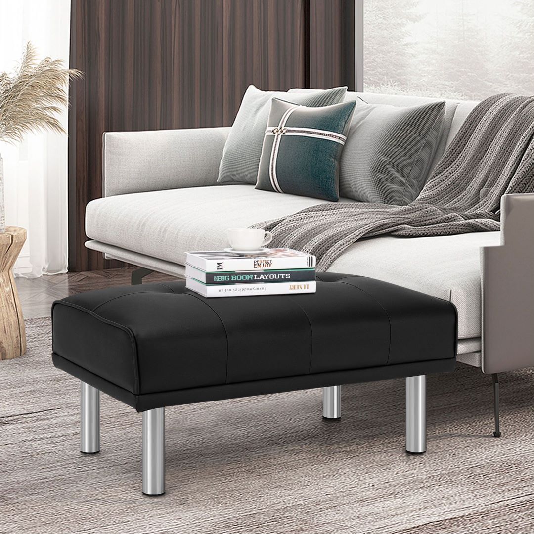 Leather Tufted Upholstered Ottoman Bench for Living Room Entryway-Black