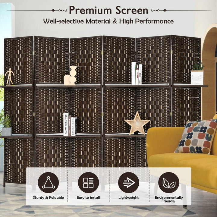 6 Panel Freestanding Folding Room Divider with Removable Shelves-Brown