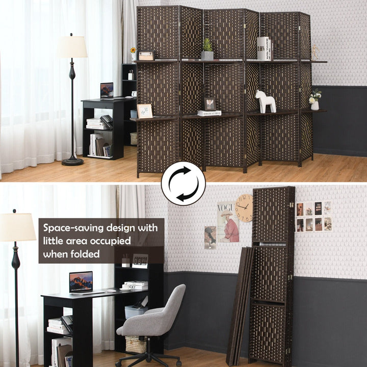6 Panel Freestanding Folding Room Divider with Removable Shelves-Brown
