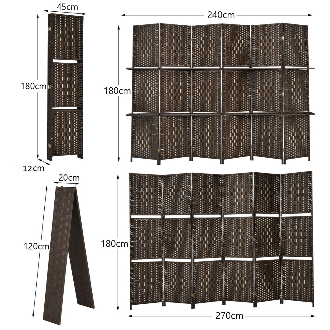 6 Panel Freestanding Folding Room Divider with Removable Shelves-Brown
