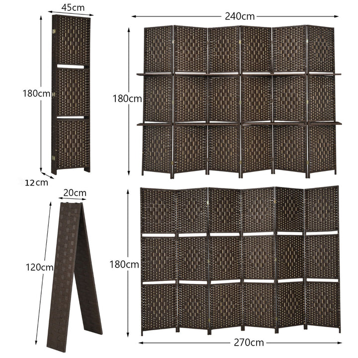 6 Panel Freestanding Folding Room Divider with Removable Shelves-Brown