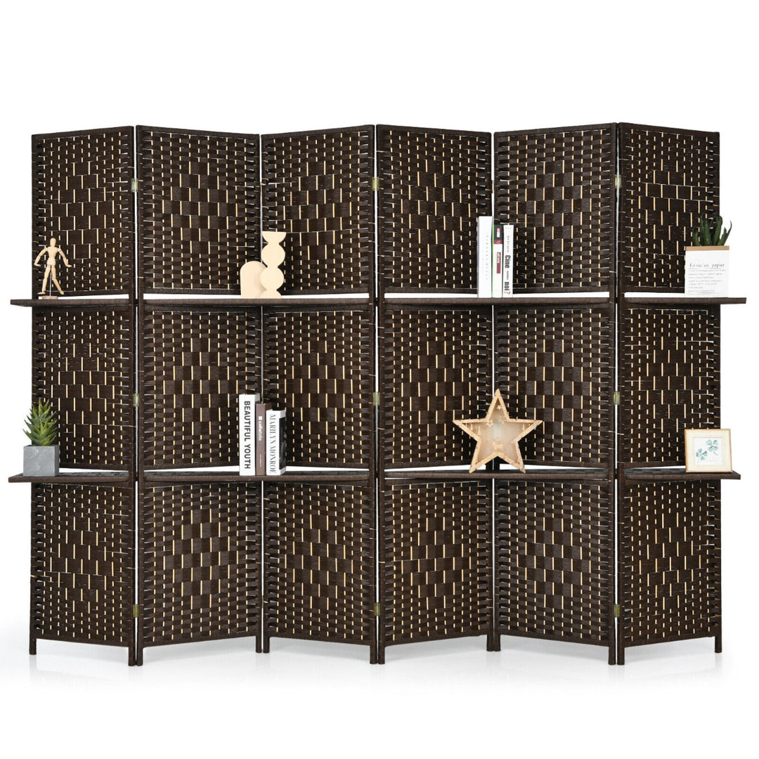 6 Panel Freestanding Folding Room Divider with Removable Shelves-Brown