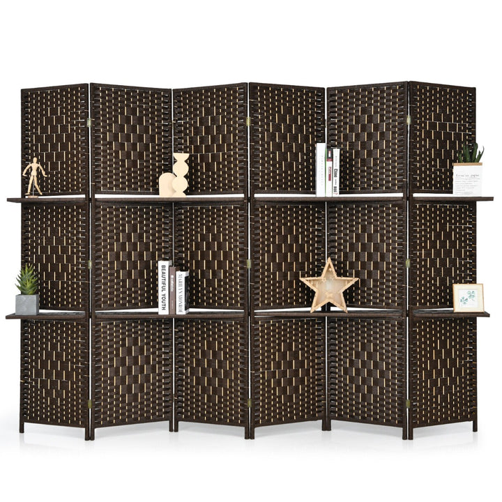 6 Panel Freestanding Folding Room Divider with Removable Shelves-Brown