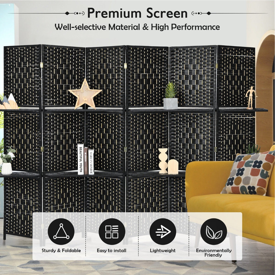 6 Panel Freestanding Folding Room Divider with Removable Shelves-Black