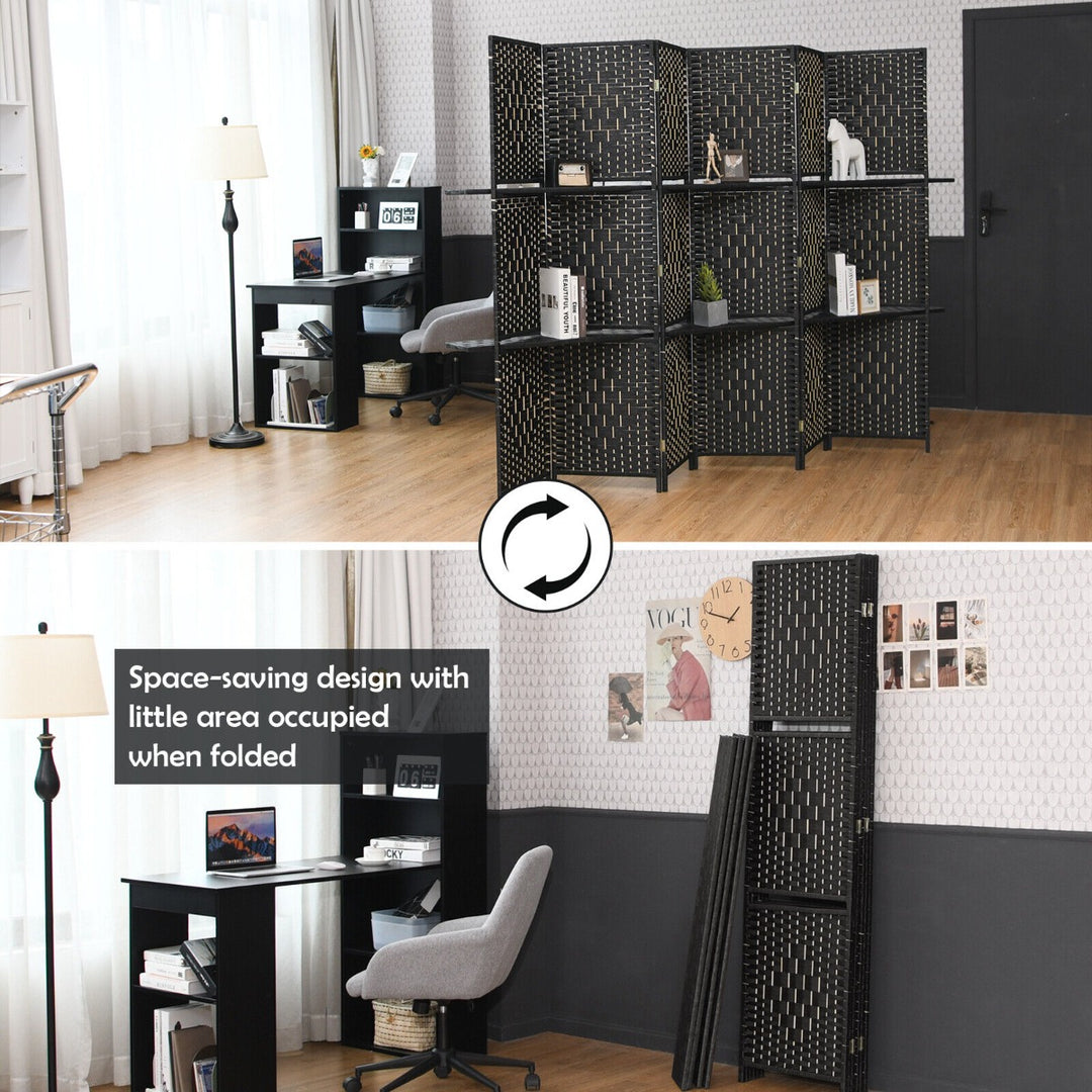 6 Panel Freestanding Folding Room Divider with Removable Shelves-Black