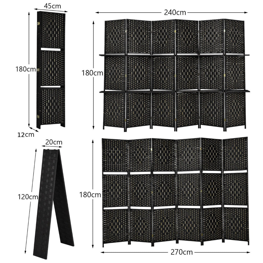6 Panel Freestanding Folding Room Divider with Removable Shelves-Black