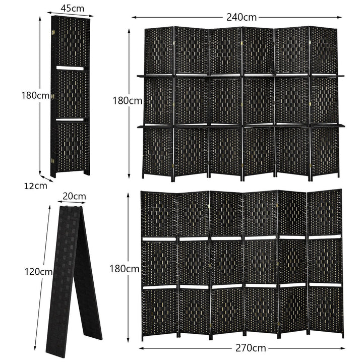 6 Panel Freestanding Folding Room Divider with Removable Shelves-Black