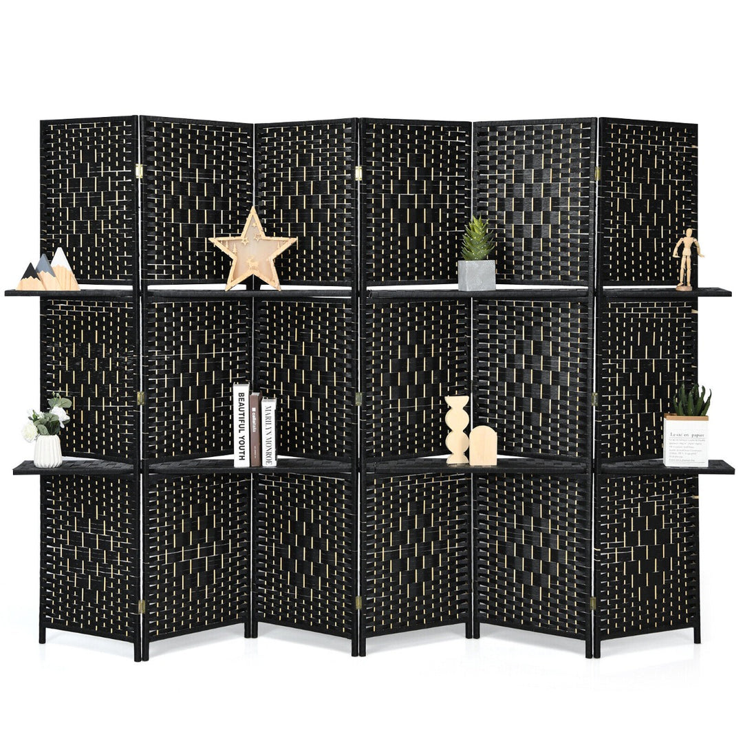6 Panel Freestanding Folding Room Divider with Removable Shelves-Black