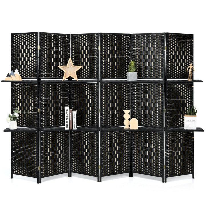 6 Panel Freestanding Folding Room Divider with Removable Shelves-Black