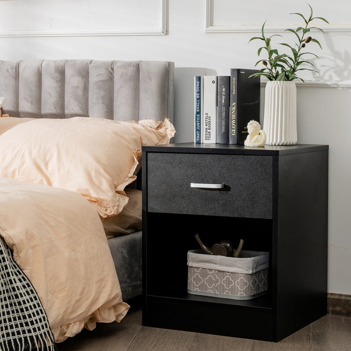 2-Tier Nightstand with Drawer and Open Component-Black