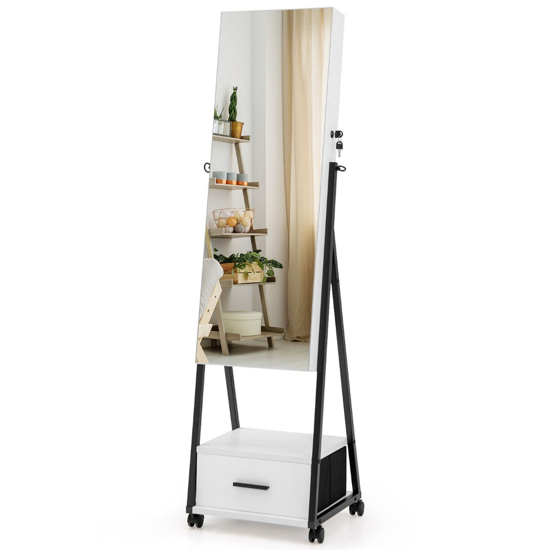 Mobile Standing Lockable Jewelry Cabinet with Full Length Mirror-White