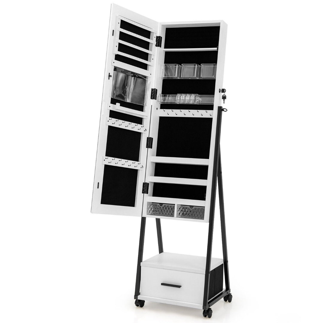 Mobile Standing Lockable Jewelry Cabinet with Full Length Mirror-White