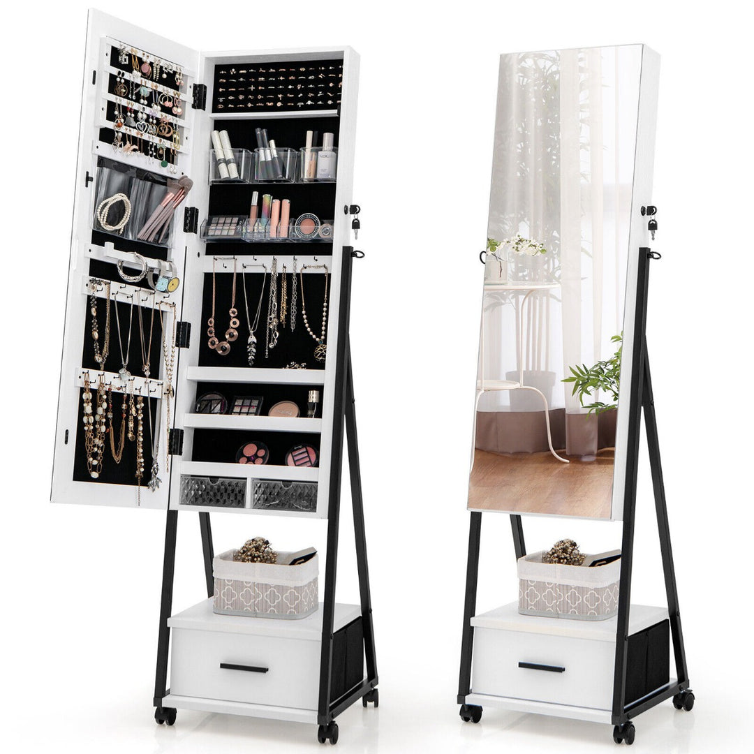 Mobile Standing Lockable Jewelry Cabinet with Full Length Mirror-White