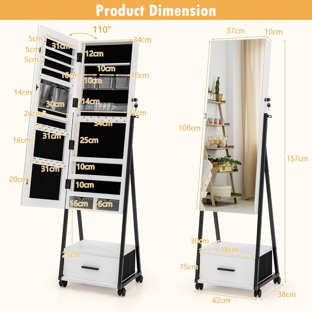 Mobile Standing Lockable Jewelry Cabinet with Full Length Mirror-White