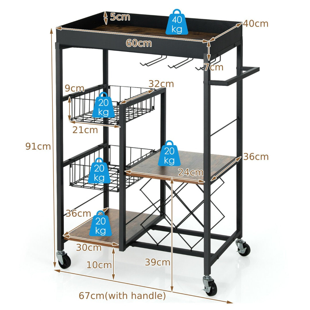 4-Tier Kitchen Serving Trolley with Wine Rack and Glass Holder