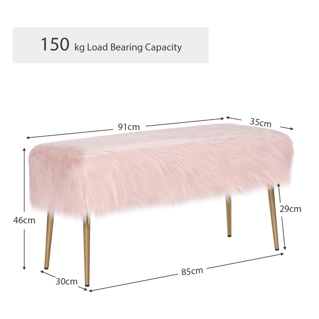 Rectangular Upholstered Faux Fur Footrest with Golden Metal Legs-Pink