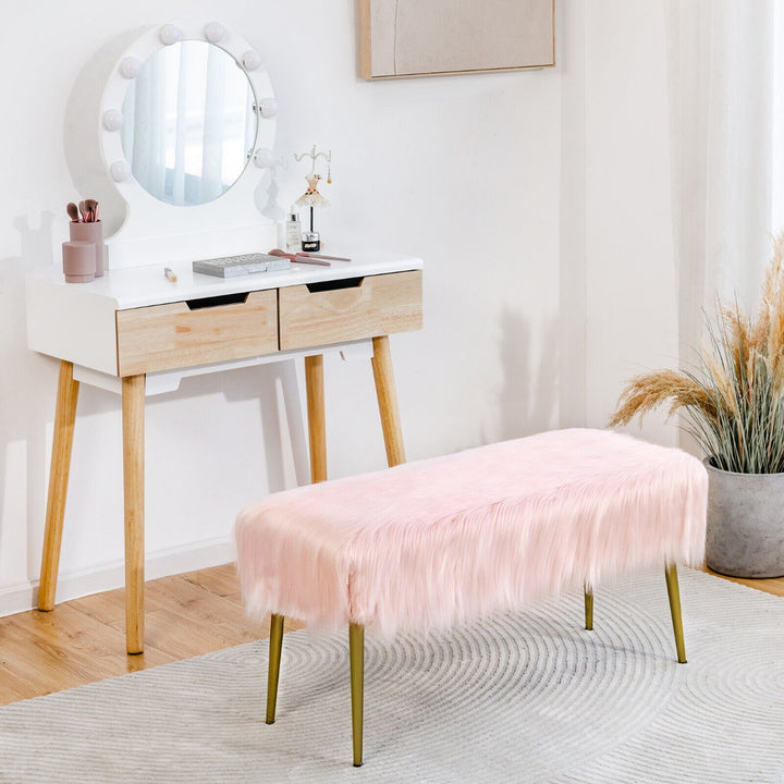 Rectangular Upholstered Faux Fur Footrest with Golden Metal Legs-Pink