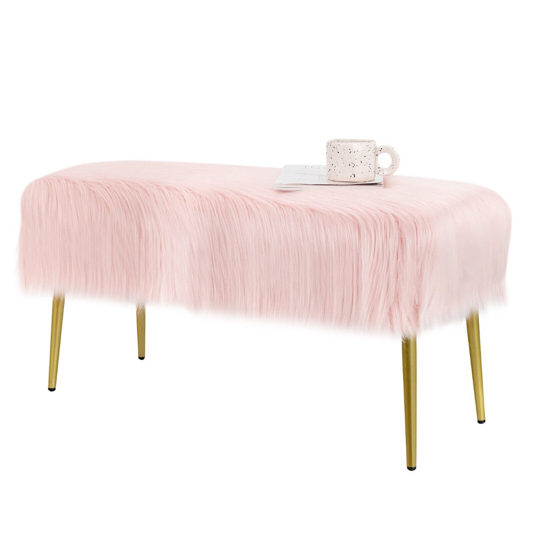 Rectangular Upholstered Faux Fur Footrest with Golden Metal Legs-Pink