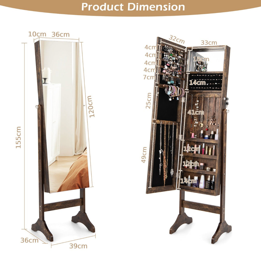 Freestanding Jewelry Cabinet with Hooks Full Length and Inner Mirror -Brown