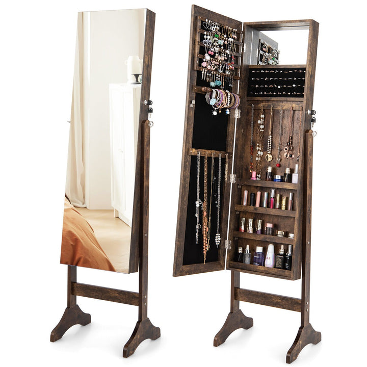 Freestanding Jewelry Cabinet with Hooks Full Length and Inner Mirror -Brown