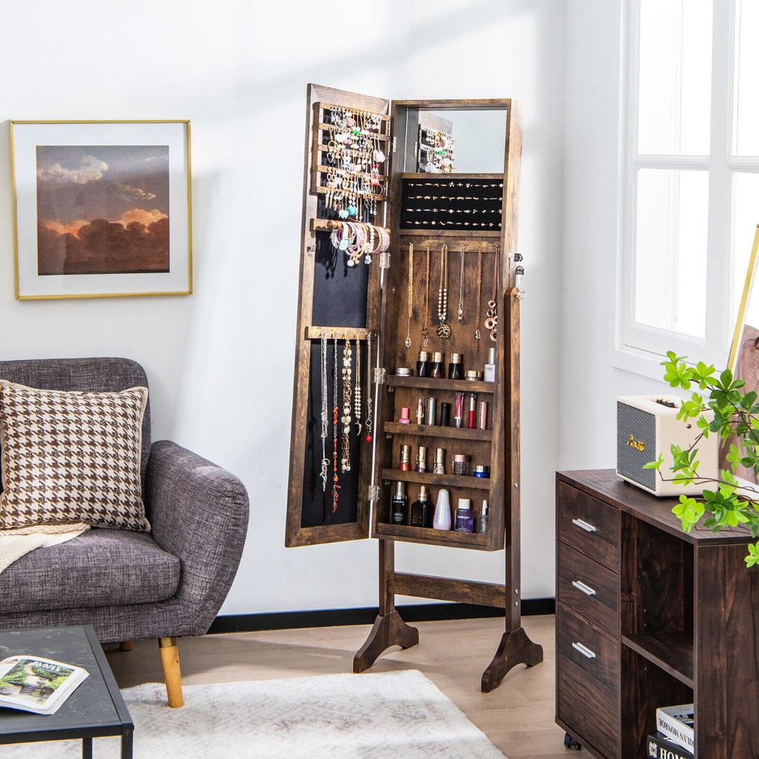 Freestanding Jewelry Cabinet with Hooks Full Length and Inner Mirror -Brown